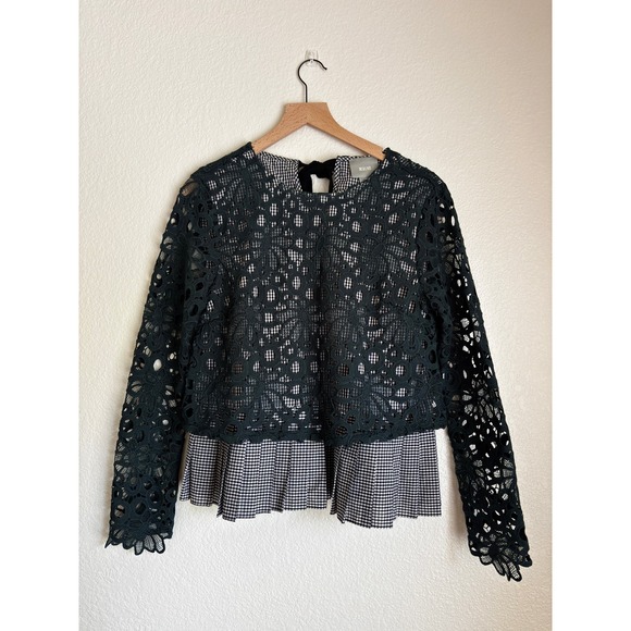 Maeve Tops - Maeve Anthropologie Green Lace Gingham Pleated Hem Top Velvet Tie Back Medium